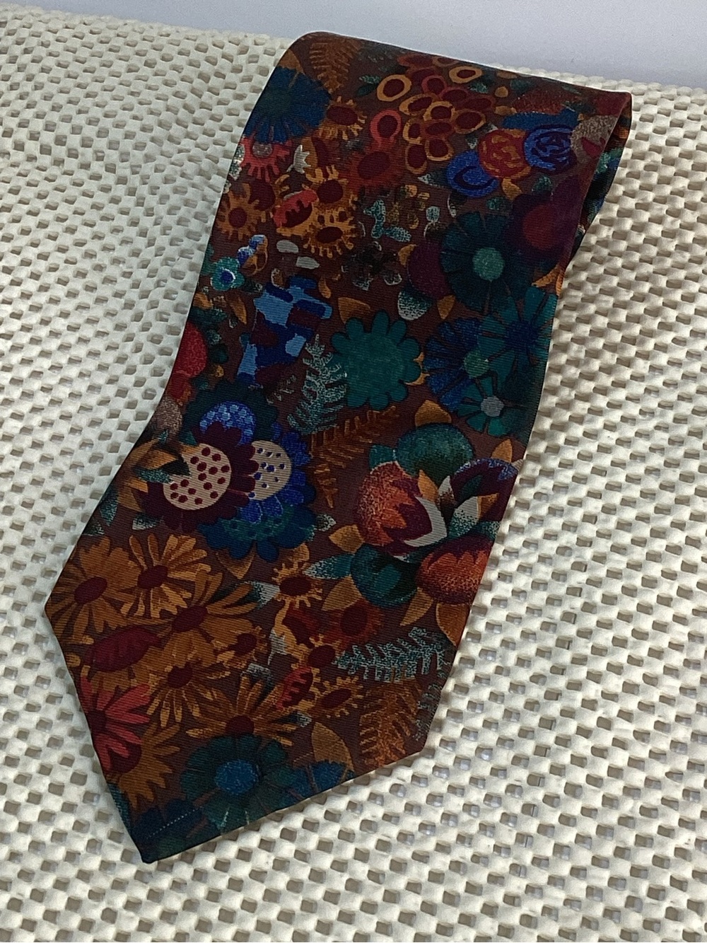 Perry Ellis Floral Necktie Brown Teal Burgundy Multicolor Designer Tie
